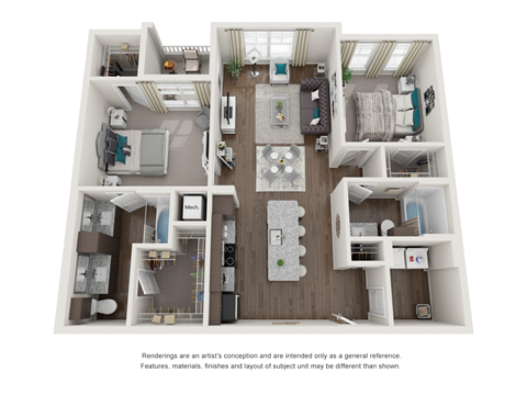 2 bed 2 bath floor plan A at Seleno at Bridge Street, Huntsville, 35806